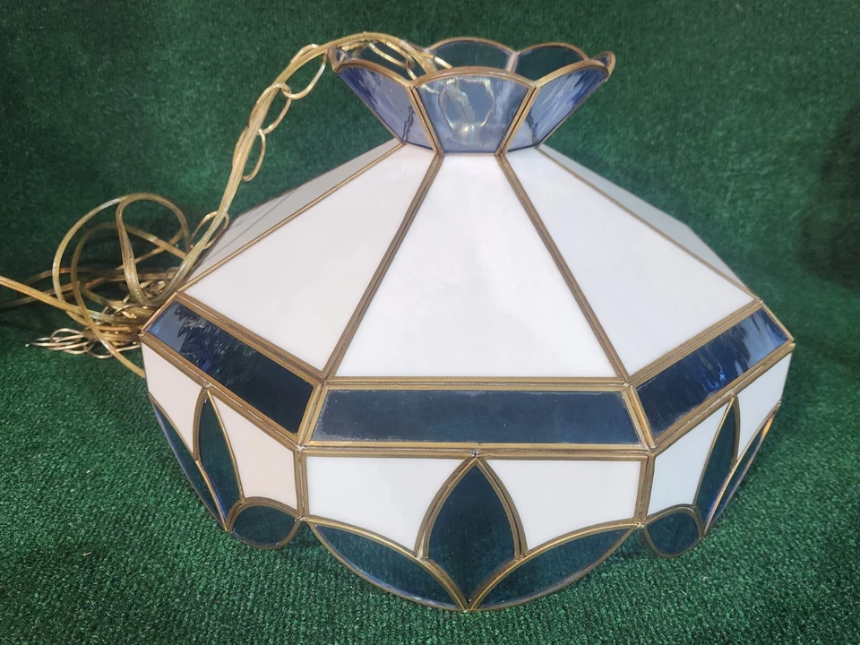 Винтажный TiffanyStyle витраж подвесной абажур белый прозрачный синий E G3D - Изображение 3 из 4