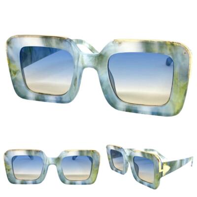 Classy Elegant Retro Hip Hop Rapper SUNGLASSES Big Square Marble Frame Blue Lens