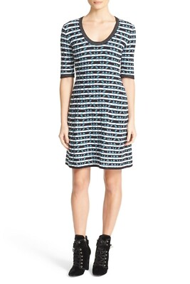 MISSONI Black Blue White Tweed Jacquard Knit V-Neck Fit & Flare Dress 8 US 44 IT