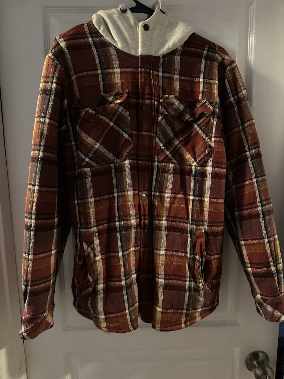 Legendary Whitetails Men's Sherpa Lined Hooded Flannel Red Plaid Jacket Medium