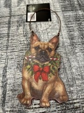 French Bulldog Frenchie W Candy Cane Wreath  Bow Hanging Xmas Tree Ornament NEW