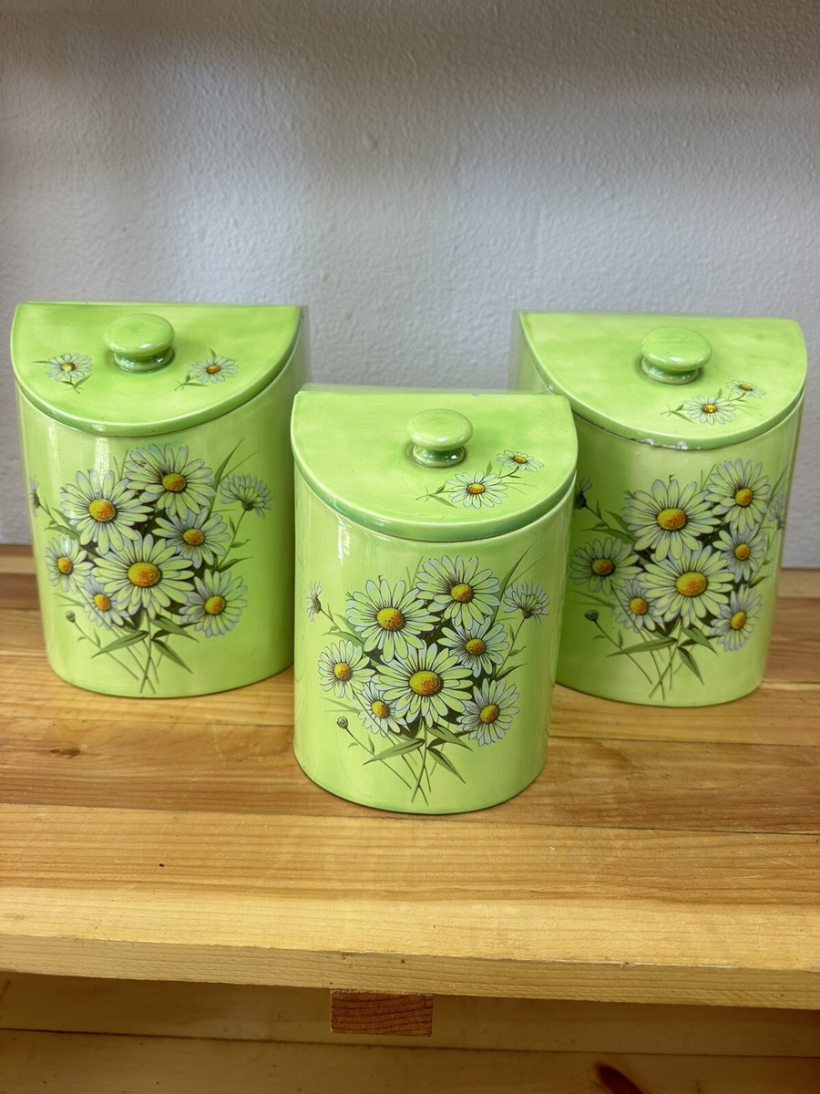 Vintage 60s Daisy Flower Canisters Bright Green Ceramic Set Of 3