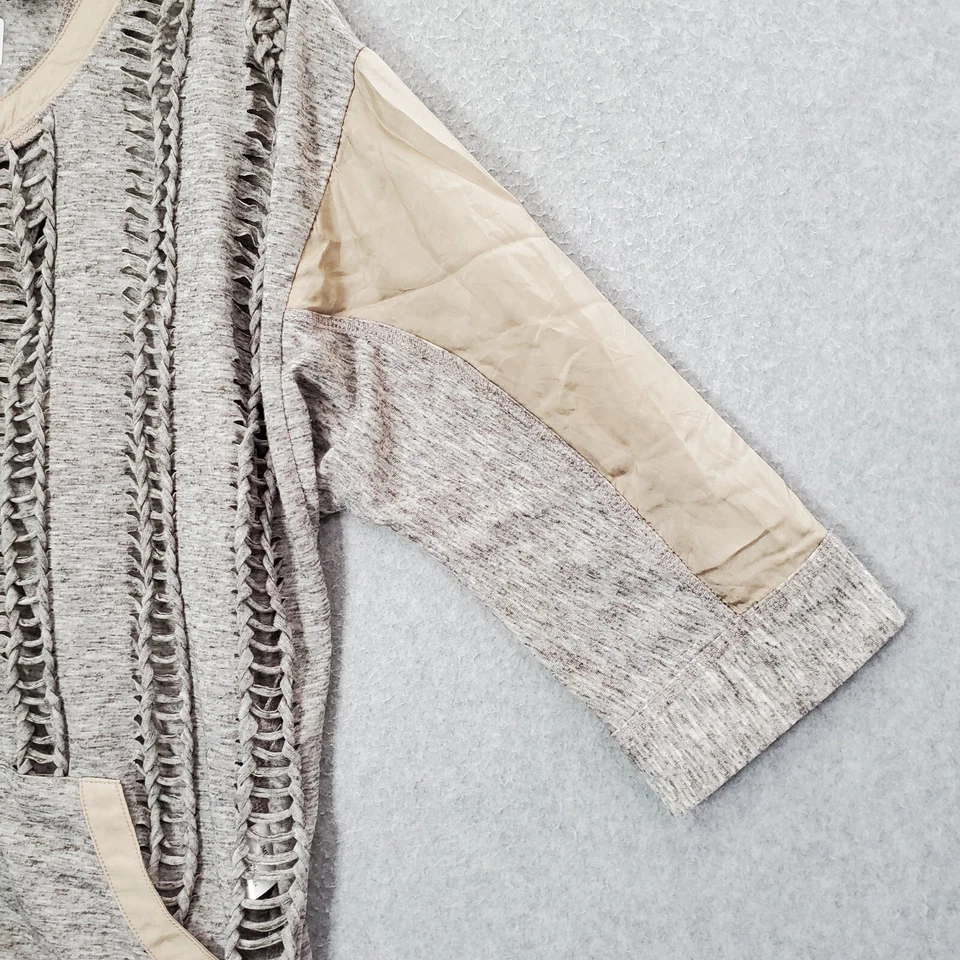 Miss Me Women Sweater M Gray Silk Cardigan Boho 3/4 Sleeve Open Back Kitschy Foto 3 de 4