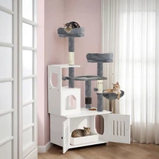 Hidden Cat Litter Box Enclosure White Door Cat Tree Tower Tall with Gray Hammock