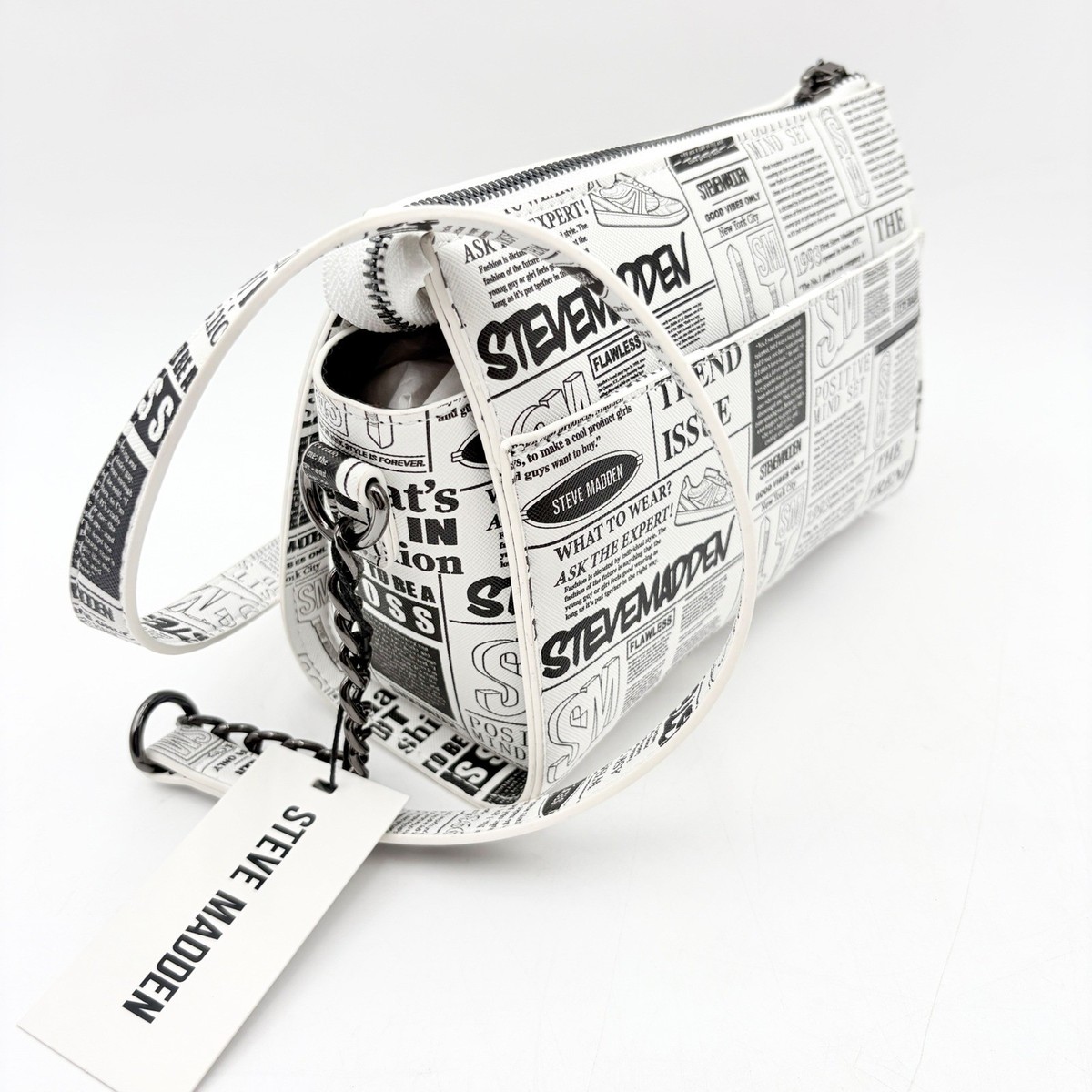 Steve Madden Newsprint BLEXI Top Zip Crossbody Bag Black White