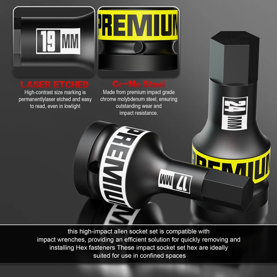 3/4" Drive Impact Hex Bit Set, 5 Piece Allen Bit Socket Set, 14-24mm, Metric,... - Image 3 of 4