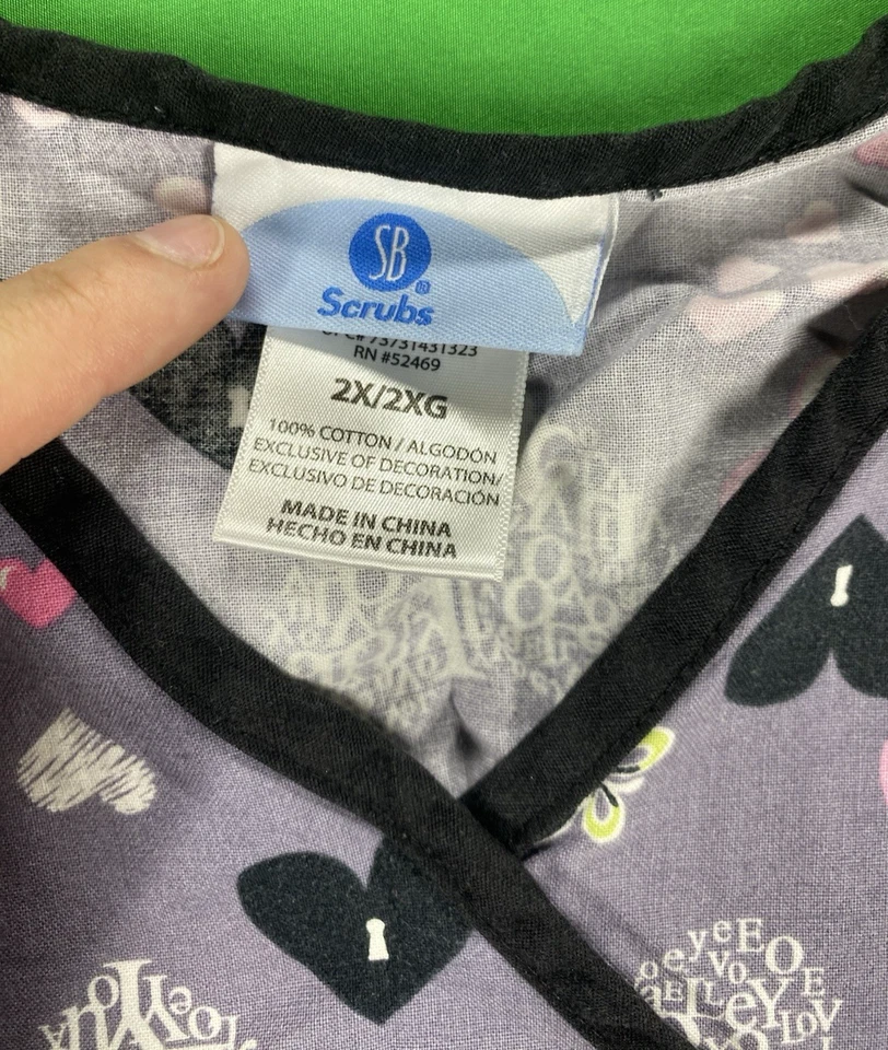 2XL Pink Hearts Cancer Ribbons Patterned SB Scrubs Scrub Top - Image 2 of 4