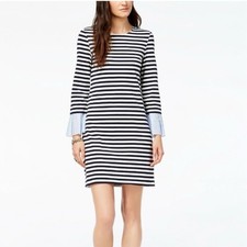 Tommy Hilfiger Cotton Jersey Striped Stretch Dress Navy Lace Cuffs Size Small 