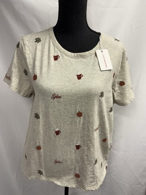 Lucky Brand Grey Pumpkin Spice Print Crew Neck Short Sleeve T-shirt Top L NEW