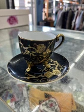 Hand Painted Antique Tea Cup And Saucer Made In Japan Gold And Black Footed Cup