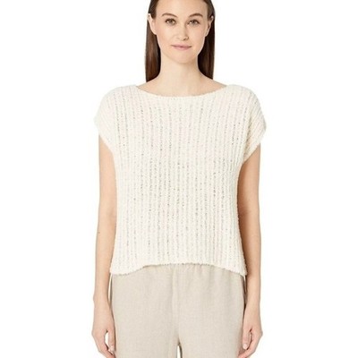 Eileen Fisher Short Sleeve Open-Knit Sweater | Size L | Optic White Cotton Blend