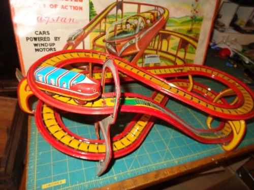 Vintage Cragstan Roller Coaster Car Wind-Up Tin Toy w/ box not Chein