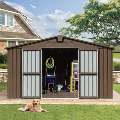 11x9 FT Outdoor Storage Shed w/ Windows, Galvanized Steel Frame for Patio Brown