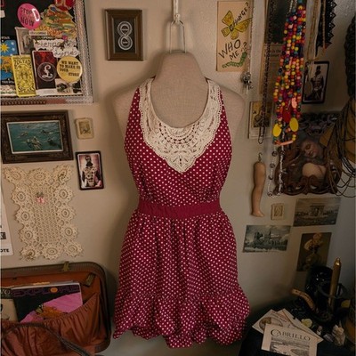 Lace Polka Dot Apron Women's One Size Red White Ruffled 50s Vintage Style Bib
