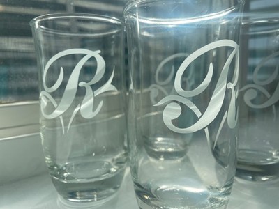 Set 4 Vintage Monogram ''R  glass tumblers 5.25  tall drinking glasses cups rare
