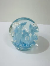 Maude & Bob St Clair Glass Paperweight Blue Trumpet Flowers Ribbons
