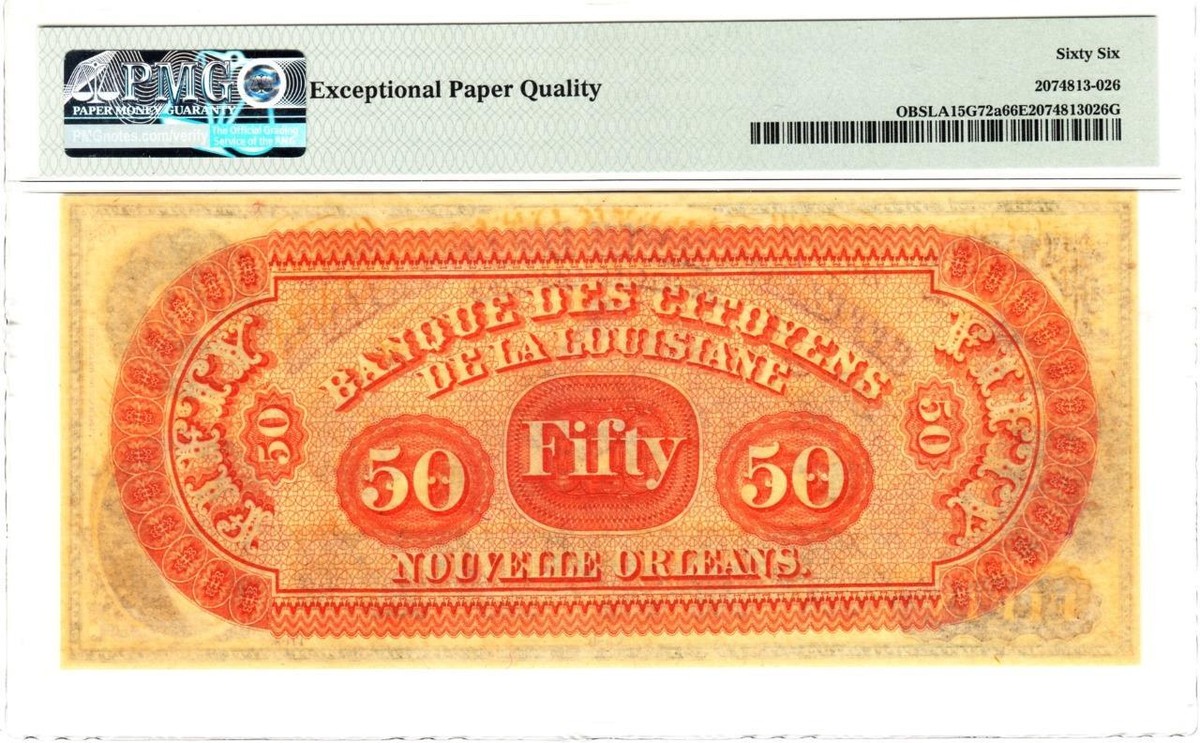 1860's $50 The Citizens' Bank of LOUISIANA at Shreveport - PMG 66