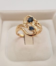 Anello donna Vintage Oro giallo 18 Kt zaffiro blu brillantini Mis. 13 Ring Gold