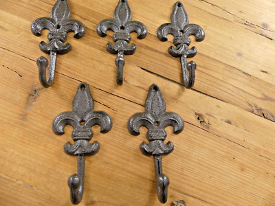 5 Large Cast Iron Fleur De Lis Coat Hooks Hook Hall Tree Hat Dog Leash Fluer