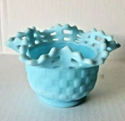 Fenton Blue Glass Vase/Bowl Basket Weave Ruffle Lace Edge Vintage Small 3.5"tall