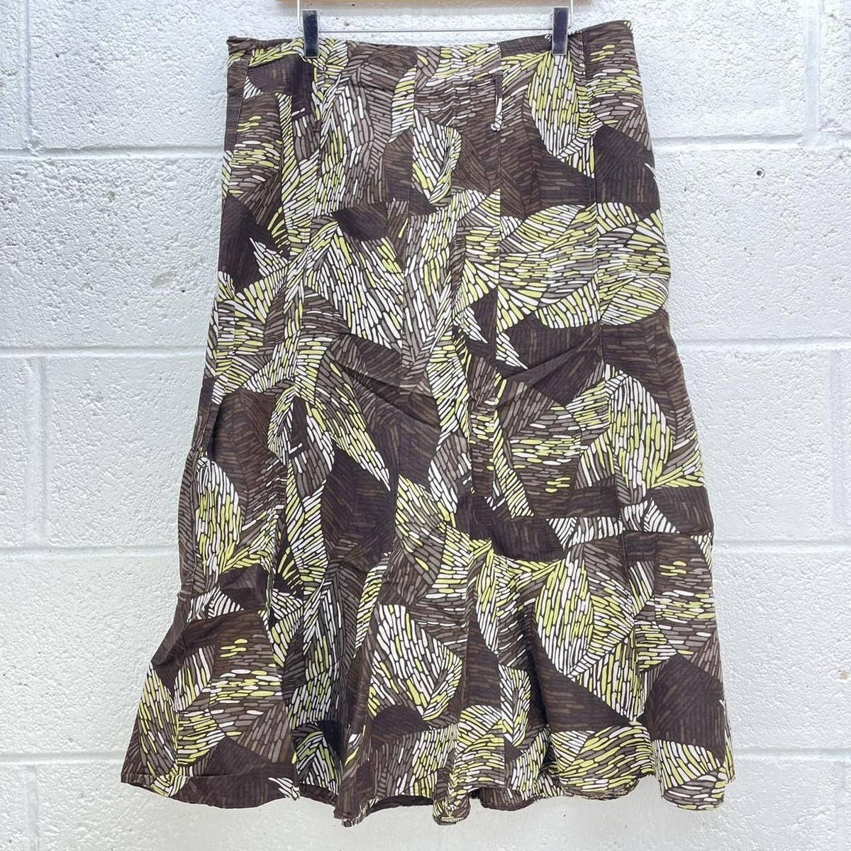 M&S BROWN GREEN FLORAL MAXI SKIRT COTTON WOVEN FLARE LEAF PRINT Y2K UK 16