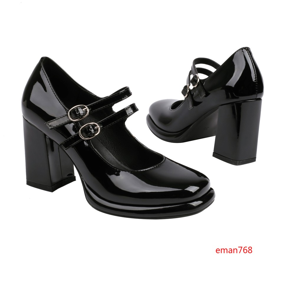 Cowhide Leather Block Heel Buckle Mary Jane Shoes