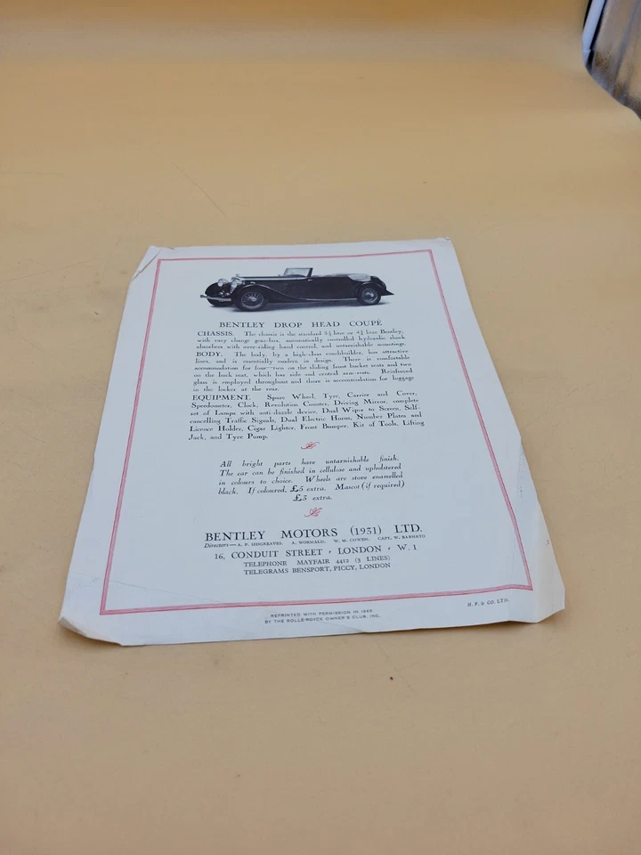 DE COLECCIÓN BENTLEY CABEZA CAÍDA CUPÉ 3 1/2 Y 4 1/4 LITROS HOJA DE INFORMACIÓN DE VENTAS  Foto 4 de 4