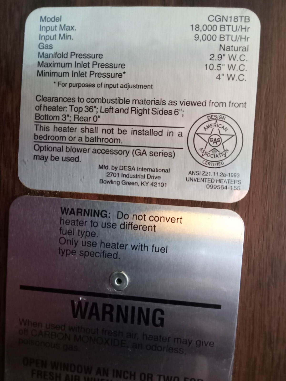 Comfort Glow Rustic Design CGN18TB Gas Wall Heater 18,000 BTU VENTLESS