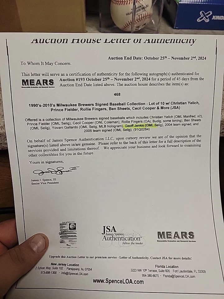 Geoff Jenkins Autographed Mlb Baseball W/holder Jsa AUCTION LETTER Milwaukee Bre - Image 3 of 3
