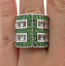 925 Sterling Silver Real Emerald-Cut White Topaz  Round-Cut Peridot Ring Size 7