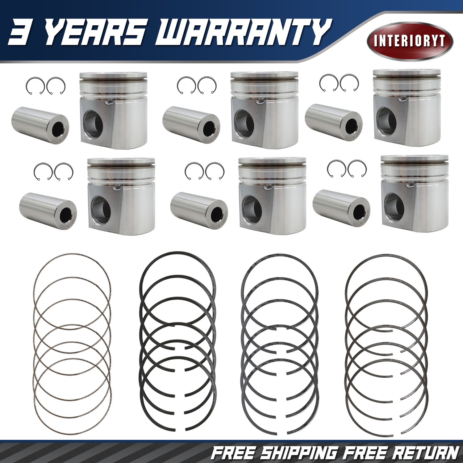 Set of 6 Piston +Ring + PISTON PIN Cummins Fits For 2004-2007 Dodge Ram 5.9L 24v