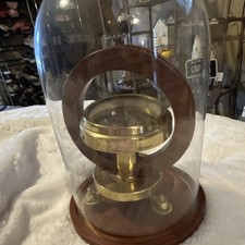 Lacquered Brass Barometer with Wooden Base Under Glass Dome