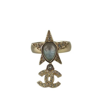 Chanel Coco Mark Star Ring Gold Metal Rhinestone I23