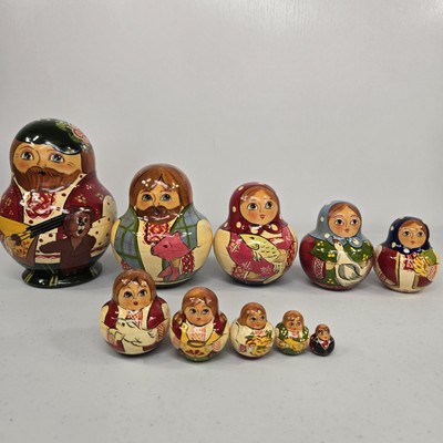 Vtg Wooden Russian 10 Piece Ginger Family Nesting Dolls Matryoshka Rare Round