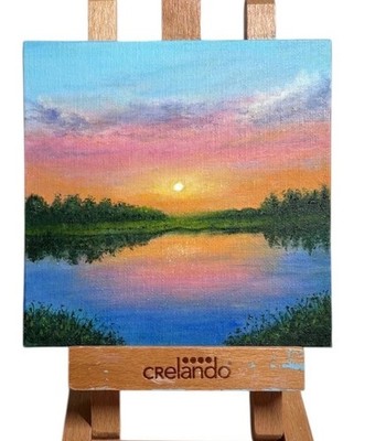 Original Acryl Gemälde Landschaft Sonnenuntergang See 6  x 6  Leinwand Panel