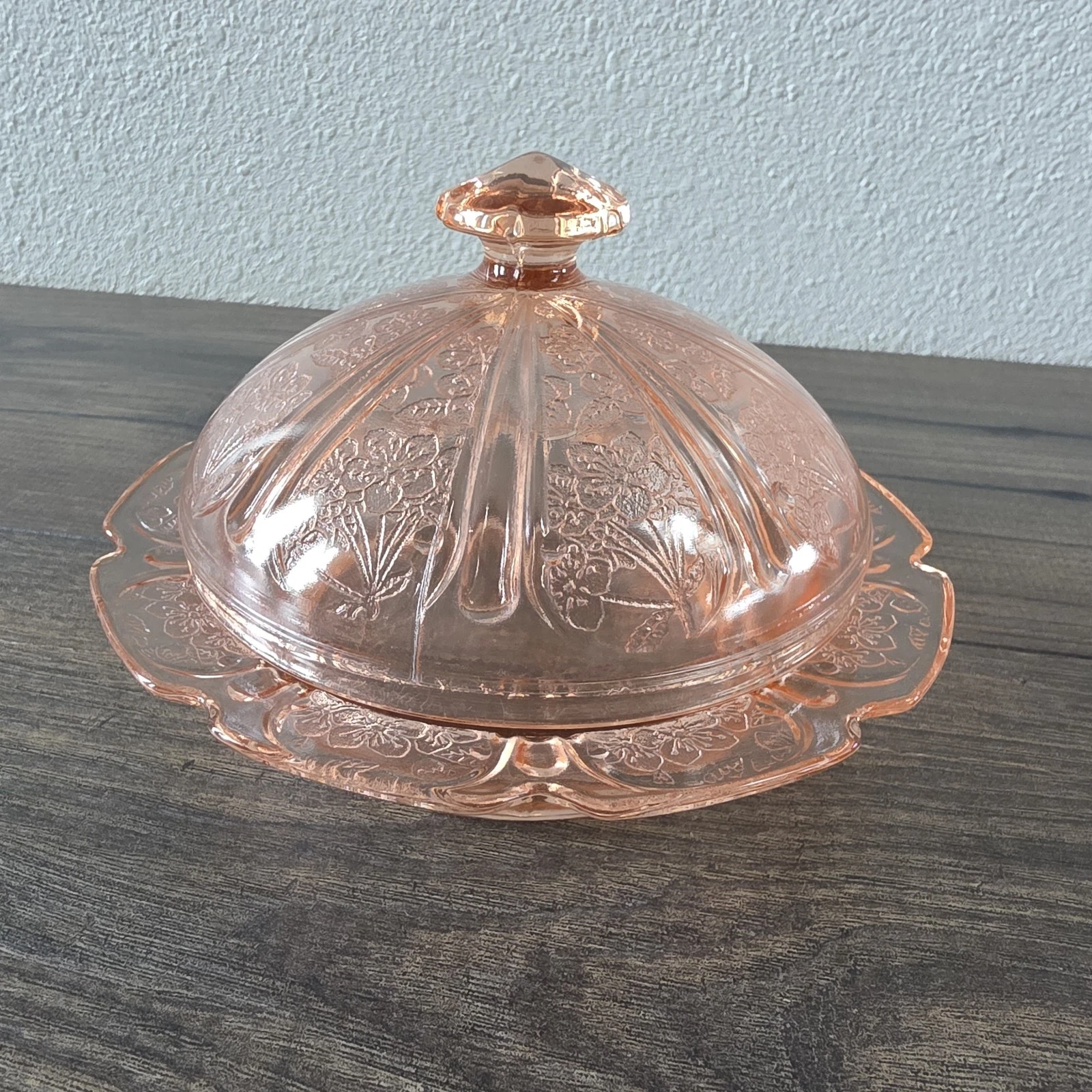 Vintage Pink Depression Glass Butter Dish Cherry Blossom Jeannette Lid Plate