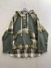 POL Hoodie Shacket Women?s Small Green Plaid Hipster Hippie Raw Hem Henley Neck