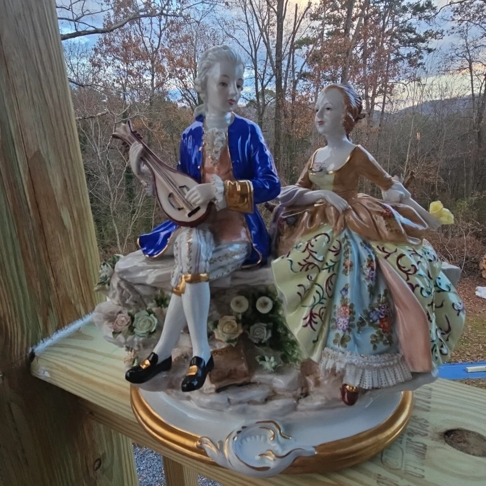 Vintage Large Porcelain Victorian Couple Playing Mandolin late 19th Century - Image 2 of 4