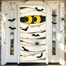 71 x 35 Inch Halloween Mummy Door Cover - Spooky Yellow Eyes Halloween Banner wi