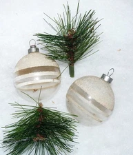 Pair~Vtg~WW2 Unsilvered~Corning Shiny Brite~MICA Top~Striped Glass Xmas Ornament