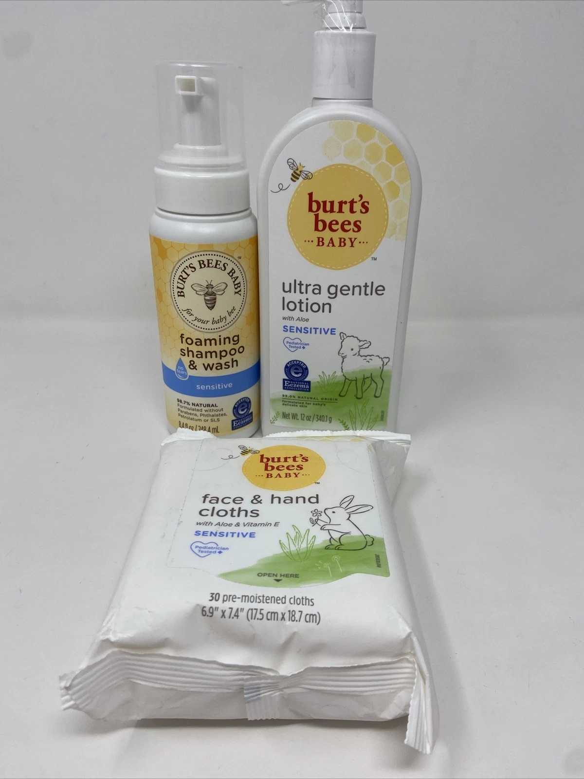 Burts Bees Baby Foaming Shampoo Wash 8.4oz-Ultra Gentle Lotion 12oz-30 Cloths
