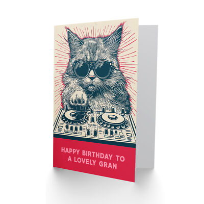 Gran Happy Birthday DJ Moggie Retro Cool Cat On Decks Fun Funny