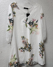 Noctflos Women's V Neck Cold Shoulder Shift Dress, White/Floral, Large