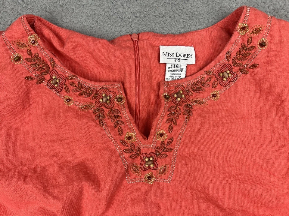 Miss Dorby Top 女式 14 衬衫亚麻混纺肩垫刺绣珊瑚波西米亚 — 第 2/4 张图片