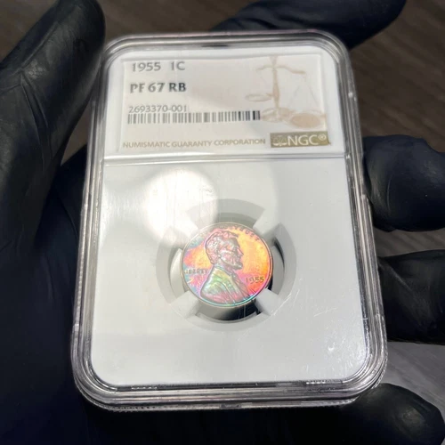 PF67RB 1955 1C Lincoln Wheat Proof Cent, NGC- Beautifully Rainbow Toned