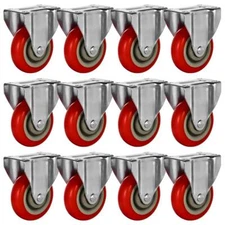 12 Pack 4" Rigid Fixed Polyurethane Red Non Swivel Caster Wheels