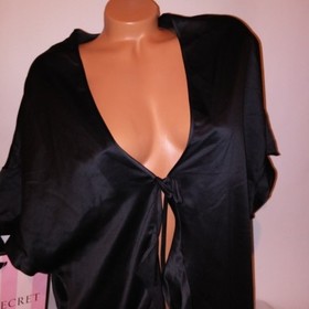 Victoria Secret Robe One Size Sexy Solid Black Ruffle Trim Tie Lingerie Kimono