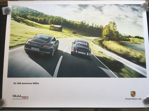 PORSCHE 911 50th ANNIVERSARY CAR OVERTAKING A 1964 911 SHOWROOM POSTER 2013 NEW