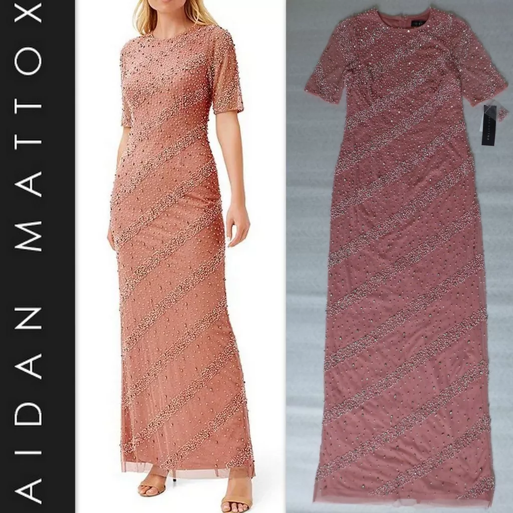 NWT $595 AIDAN MATTOX Beaded Crew Neck Short Sleeve Back Slit Sheath Gown  Size 2 | eBay