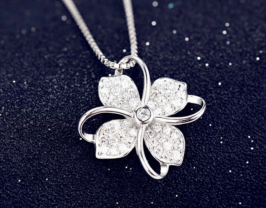 Clover Crystal Pendant 925 Sterling Silver Chain Necklace Women Ladies  Jewellery